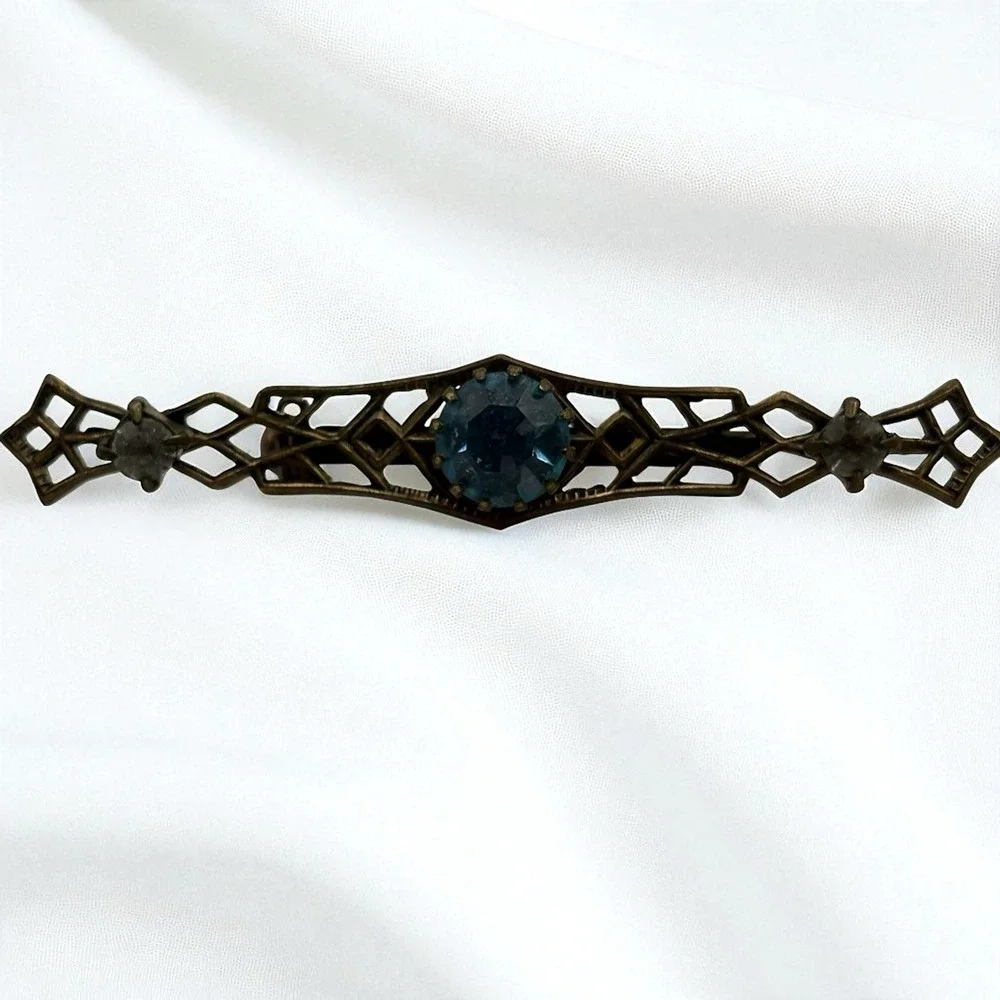 Vintage Bar Brooch Blue Rhinestones Filigree Open Work Ornate Gold Tone Art Deco
